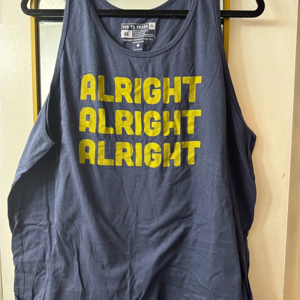 YES TO TEXAS Navy Tank with Yellow "ALRIGHT" Graphic